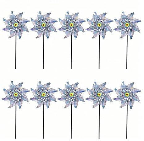 Toyhood 10Pcs 50cm Holographic Silver Rainbow Pinwheels, Large Reflective Bird Repellent Windmill Wind Spinners, DIY Pinwheels Set for Garden Lawn Reflective Bird Decor