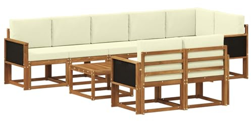 vidaXL Outdoor-Sofagarnitur mit Kissen 9 pcs Natur und Creme Polyester, Stylisches Außensofa, wetterfestes Set, Bequeme Sitzgelegenheit für den Garten, Akazienholz Möbel