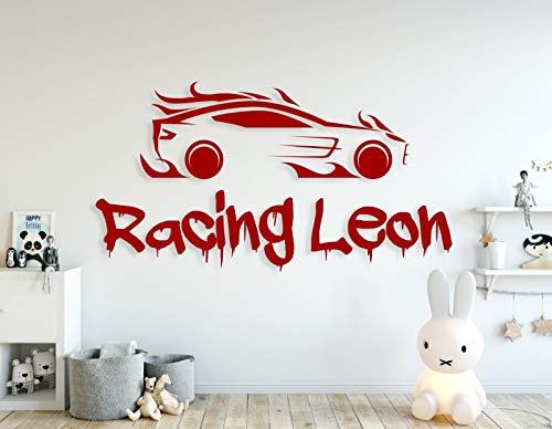 tjapalo® a66 wandtattoo jungenzimmer Toberaum kinderzimmer wandtattoo jungen Rennwagen Sportwagen Rennauto mit Namen, Farbe: azurblau, Größe: B110xH58cm