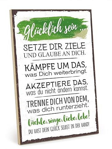 TypeStoff Holzschild mit Spruch – GLÜCKLICH SEIN – im Vintage-Look mit Zitat als Geschenk und Dekoration - HS-00105