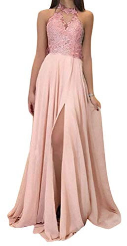 Onsoyours Robe De Cérémonie Longue Femme Blanche Dentelle Robe De Demoiselle d'honneur Brodé Fleur Robe De Soirée Col Rond Robe sans Manches Mousseline Grande Taille B Rose 46