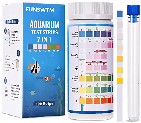 Funsw 7-in-1-Aquarium-Teststreifen, Süßwasser-Master-Set, Wassertest-Set für Teich und Aquarium, Nitrit, allgemeine Härte, freies Chlor, pH-Wert, Karbonat, 100 Stück