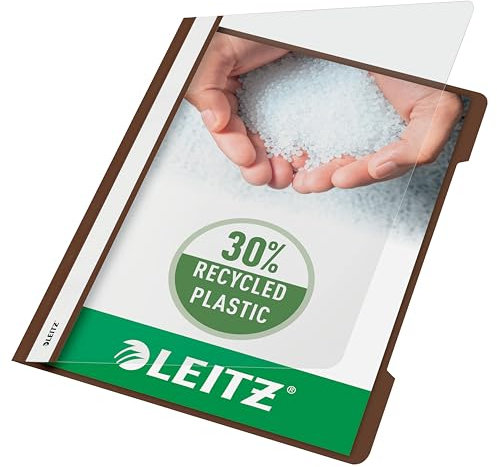 Leitz A4 Standard Schnellhefter, 25er Pack, 30% Pre-Consumer Recycling-Kunststoff, Hefter für A4-Blätter, 60 Blatt Kapazität, Ideal als Dokumententasche für Schule, Haushalt oder Büro, Braun, 41910075