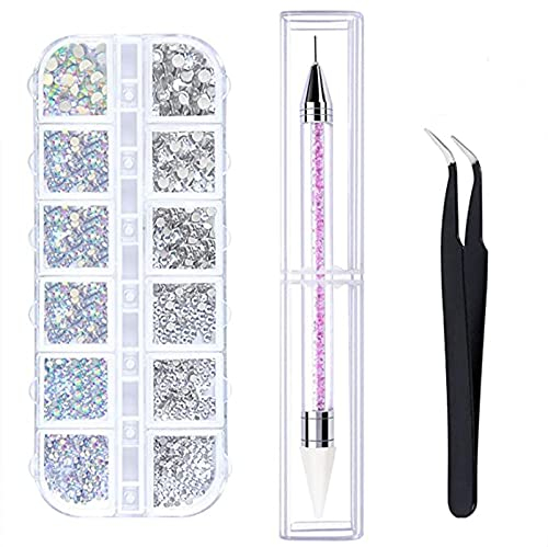 1500 Stück AB Crystal Nail Art Strasssteine,Klare Strasssteine mit flacher Rückseite zum Basteln,Clear Crystal Strasssteine mit Pick Up Pinzette und Strass Picker Dotting Pen