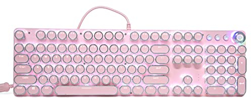 Mechanische Gaming Tastatur,Retro Punk Schreibmaschinen Stil,104 Tasten USB Kabelgebundene Gaming Tastatur,RGB beleuchtete Runde Tastenkappen,lineare Aktion,für PC Laptop Desktop Computer(Rosa)