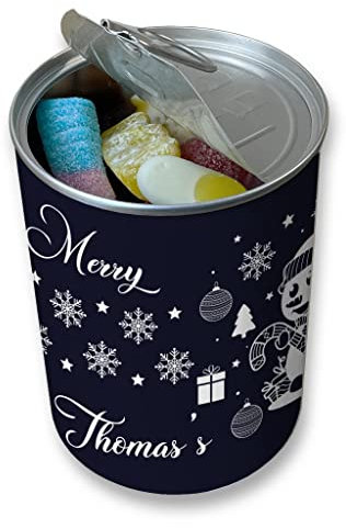Personalised Pick & Mix Sweets Tin Can with Festive Snowman Design, Birthday Present, Novelty Christmas Stocking Filler Gift (Large)