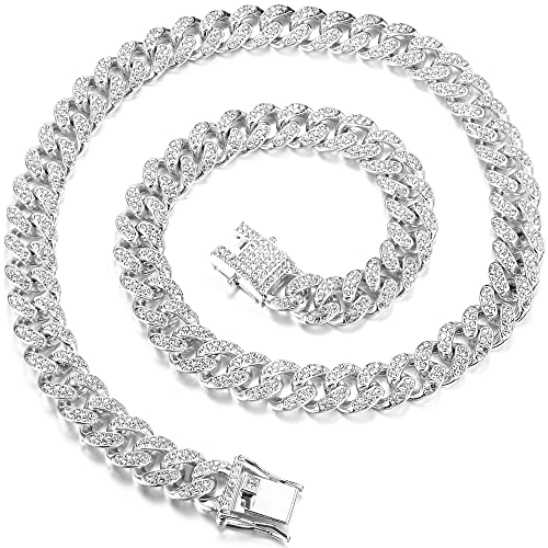 Roheafer Cuban link Chain Iced Out Kette Kubanische Kette, 13MM Miami Cuban Chain Gold Silber Halsketten Kette Diamantkette Hip Hop Schmuck Geschenk für Jungen
