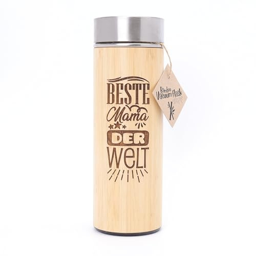 BESTE MAMA DER WELT. Bambus Thermosflasche mit Textgravur. Edelstahl Isolierkanne für täglichen Bedarf, Autoreise und Ausflüge. Für Heisse und Kalte Getränke geeignet. Trinkflasche. Isolierflasche.