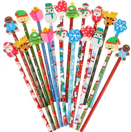 Qpout 20pcs Weihnachtsstifte Sortiment mit Radiergummi Topper mit Santa Weihnachtsbaum für Incentive Geschenk Festliche Themen Bleistift Set für Kinder Kinder Jungen & Mädchen Party Bag Füller