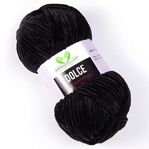 MeriWoolArt Chenille Garn zum Stricken und Häkeln Schwarz - 100 g und 120 m Samt-Wolle - 100% Flauschige Polyester Strickgarn für Amigurumi Kissen Decken weiche Kleidung Geschenke