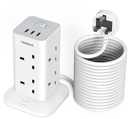 Tower Extension Lead 10M with 3 USB Slots, TESSAN 8 Way Multi Plug Extension Socket with Long Cable, Surge Protected Power Strip with Switch, for Home, School Supplies