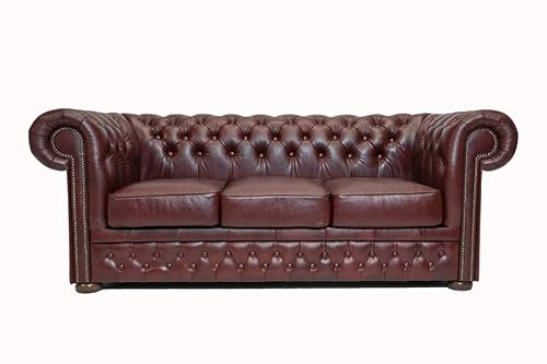 Chesterfield Sofa First Class - 3 Sitzer Sofa | 100% Leder, handgefertigt, Original Chesterfield | Breite 200 cm | Cloudy Rot
