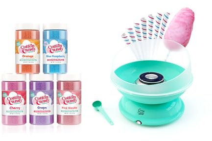 Cotton Candy Express BB1000-S Cotton Candy Maker with 5-11oz Jars with Cherry, Grape, Blue Raspberry, Orange, Pink Vanilla Silk Sugar and 50 Paper Cones, Easy to Use and Use