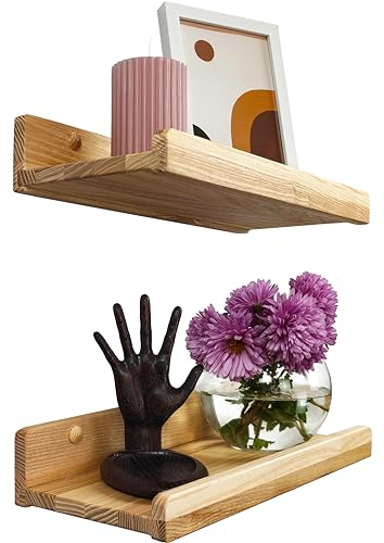 Lot de 2 étagères murales flottantes pour salon, cadre photo, étagères de rangement murales en bois naturel à suspendre avec rebord de 30,5 cm (naturel)