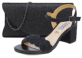 QUEEN HELENA Sandali Eleganti con Tacco Basso Glitterati con Strass Pietre con Cinturino Donna ZM9006 (Scarpa Nera con Pochette, numeric_38)