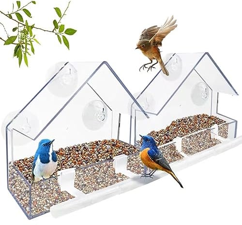 WLLKOO Vogelfutterstation für Fenster, 2 Stück, Vogelhaus für draußen mit 4 Stangen, kleines Acrylfenster, Vogelfutterstation mit starken Saugnäpfen und Abflusslöchern, 15 x 6,1 x 15 cm