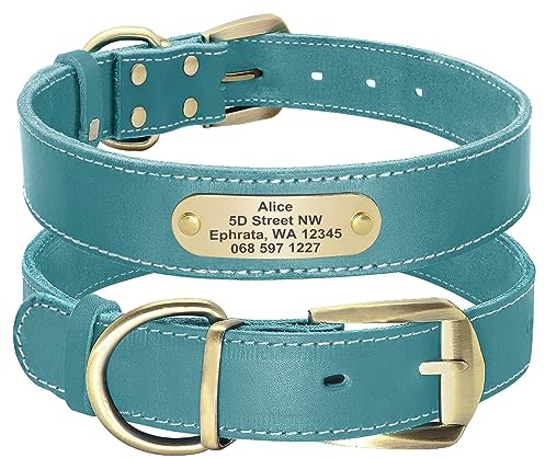 Didog Collar de perro de cuero genuino con placa de nombre, collar de perro personalizado suave con etiqueta de identificación grabada, collares personalizados para perros pequeños, Azul