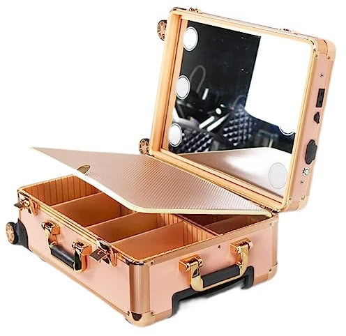 Beauty Salon Makeup Case, Adjustable Trolley, Universal Wheels, Women's Makeup Tool Storage Suitcase with Light (Rose Gold)