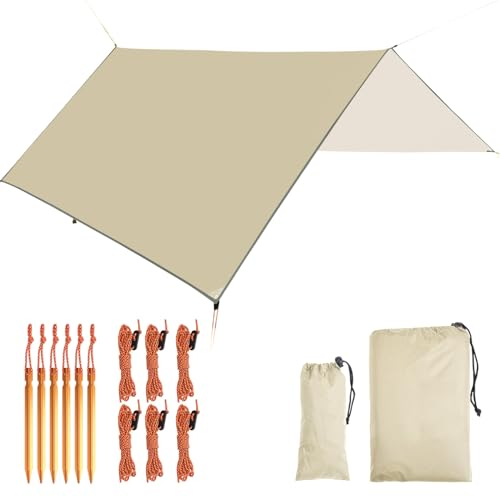 Tarp, Zeltplane für Hängematte, 3m x 3m Wasserdicht Tarp mit Ösen + 6 Erdnägel+ 6 Seilen, Regenschutz Sonnenschutz Hammock Zeltunterlage für Ourdoor Camping