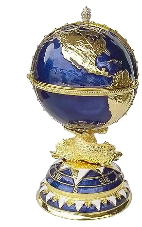 LUCKYGET RHAIYAN Von einem Globus inspirierte Ei-Schmuckschatulle, russische Handwerkskunst, Metall-Schmuck-Ring-Box, Bejeweled-Schmuck, Geburtstagsgeschenke, Sammlerstücke Specific