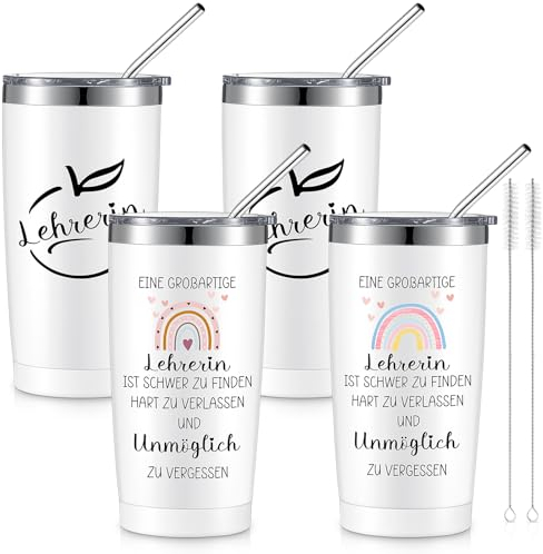 Blulu Juego de 2 Regalos de Agradecimiento para Profesoras Taza Térmica de 600 ml con Texto de Lehrerin Vaso de Café con Tapa Regalo de Agradecimiento para Maestra Escuela Primaria(Blanco)
