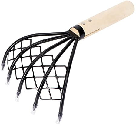 POPETPOP Rastrello per Scavo di Frutti di Mare con Manico in Legno Raschietto per Fanghi Rastrello a Rete per Vongole Materiale Nero - Attrezzo Pratico Antiscivolo