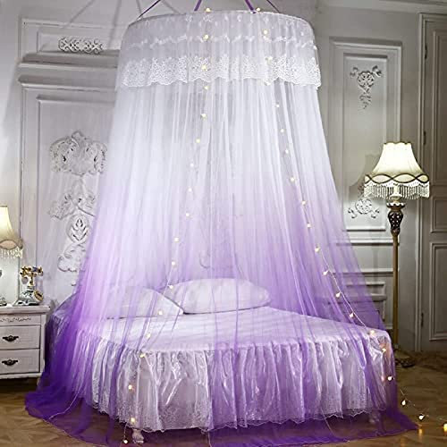 Princess Dome Moskitonetz Doppelbett-Baldachin mit LED-Lichterkette, hängendes Bettzelt mit Spitzenfarbverlauf für Einzel- bis Kingsize-Betten, ideal für Schlafzimmer, dekorativ, Lila