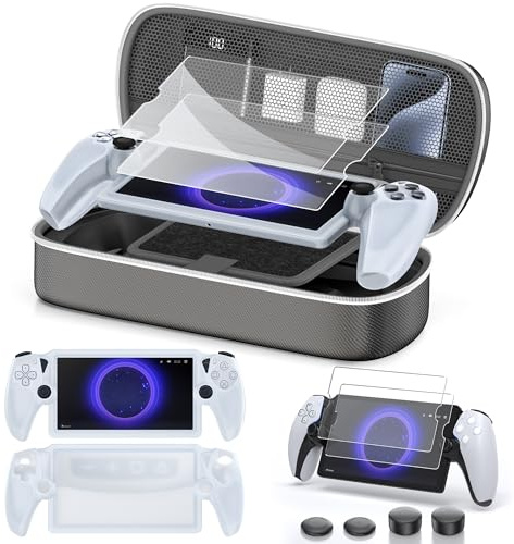 10 in 1 Bundle Accessories Kits for Portal Remote Player, Portable Hard Shell Carrying Case with Hard PC Clear Skin Cover, 2 Packs Tempered Glass Screen Protector & 4 Thumb Grips Included