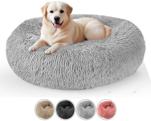 ELYF Plush Donut Dog Bed (80cm) - Calming Cat Bed for Indoor Cats Self-Warming Round Pet Cushion with Anti-Slip, Waterproof Base & Reversible Design, Machine Washable - Light Grey