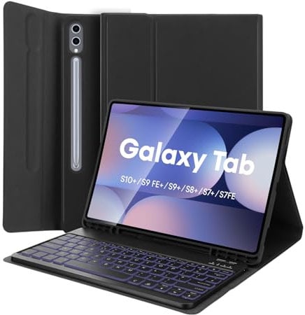 MAYPHY Backlit Keyboard Case for Samsung Galaxy Tab S10+/S9 FE+/S9+/S8+/S7 FE/S7 Plus 12.4'', 7-Color Detachable Keyboard Case for Samsung Galaxy Tab 12.4 inch, with S-Pen Holder, UK Layout, Black