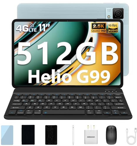 DOOGEE T40 Tablet with Keyboard, 11 Inch with Pen, 20GB+512GB/2TB TF, Helio G99 Octa-core, Android 14 with Sim Card Slots, 8580mAh, 16MP/3.5mm Jack/Hi-Res/5G WiFi/Quad Speakers, Blue