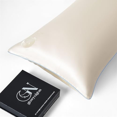 Seidenkissenbezug 40x80 aus 100% Maulbeerseide für Haut und Haar | Dermatologisch Zertifiziert von Fachärzten in Deutschland | höchste Klasse 6A, 22 Momme (Light Champagne - Sky Blue Edge)