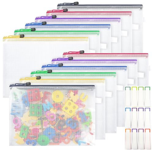 12Pcs Plastic Wallets with Labels, A4 Zip Lock Folders, Waterproof Mesh Document Bag for School Office Travel, Clear Zipper Pouch Pocket for Bill Luggage Homework Jigsaw Storage
