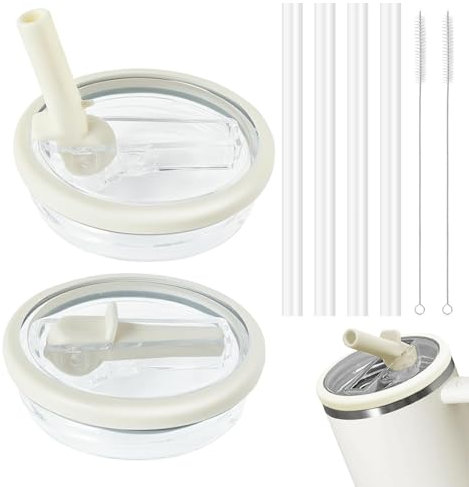 Stanley Cup Lid 2 Pack With 4 Straws and 2 Cleaning Brushes - 40oz Tumbler Replacement Cover Sets and Accessories