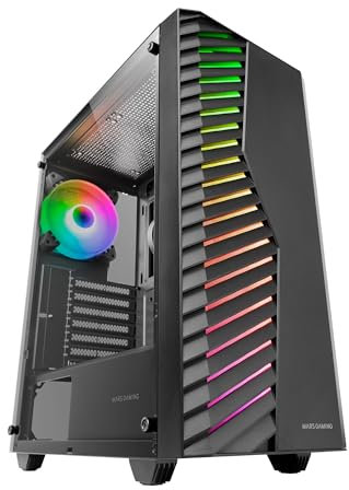 MARSGAMING MC-VOLT, Case Gaming ATX, Ventola ARGB 120mm, Griglia Frontale ARGB, Finestra Laterale in Vetro Temperato, Gestione del Cablaggio, Semitower PC con Supporto Raffreddamento a Liquido, Nero