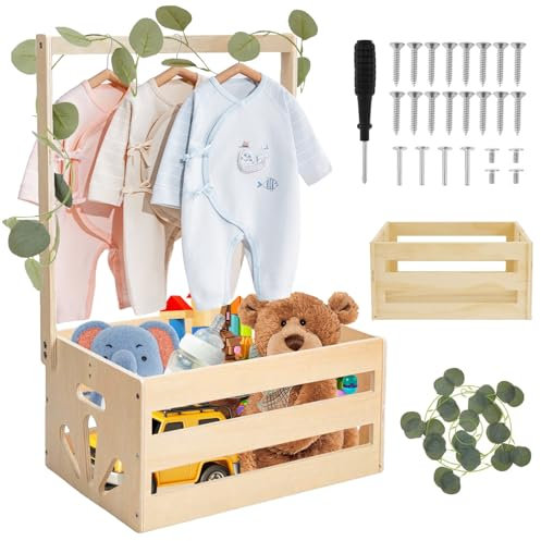 MeYuxg Babykorb mit Griff, Kleiderbügel Baby und Aufbewahrungsbox, Schrank für Babys, Puppen und Haustiere, Babypartybox, Hölzerne Wäschereikorb, Holzbabypartygeschenk für Kinder (Protokollfarbe)