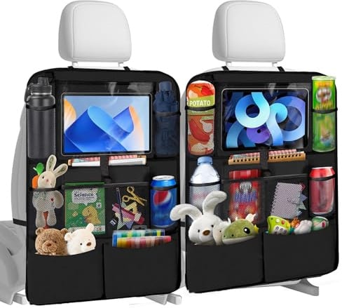 Chumix 2 Stück Auto Organizer Kinder, 600D Oxford, Car Accessories Schwarz | Rückenlehnenschutz Auto Kinder Wasserdicht, mit Tablet-Fach bis 10, 10+ Taschen, Verstellbare Gurte, für PKW/SUV, Abwischbar