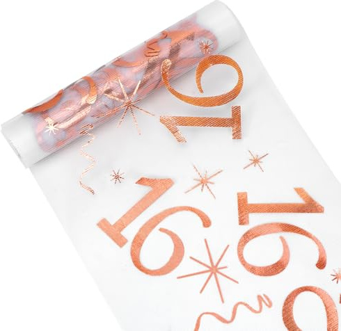 Tischläufer 16 Geburtstag, Tischdeko Geburtstag 28 cm x 10 m, Tischläufer Roségold Rolle, Deko 16. Geburtstag Mädchen Junge, Tischdecke Tischband für Geburtstag Jahrestag Feier Party