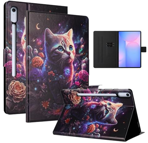 LSPCASA Hülle für Samsung Galaxy Tab S10 FE Plus 13.1 Zoll PU Premium Leder Flip Case mit Kartenfächern und Standfunktion Tablet Hülle für Samsung Galaxy Tab S10 FE+,Katze