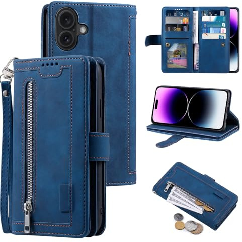 EYZUTAK Wallet Phone Case for iPhone 17, Retro Matte 9 Card Holder Slots Zipper Pocket Case PU Leather Magnetic Closure Kickstand with Wrist Strap Folio Flip Cover - Blue