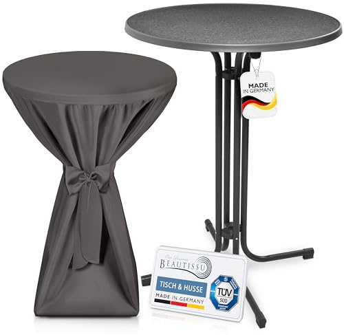 Beautissu Outdoor Stehtisch klappbar mit Husse Wetterfester Partytisch TÜV | 80cm Grau Grauer platzsparender Bistrotisch in Gastro-Qualität Premium Stehtischhusse Gastro Set Sylt