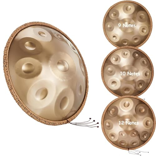 9/10/12 Töne Handpan Drum 432Hz 56cm Schlaginstrument Handtrommel Aus Stahl Mit Weicher Handpantasche, 2 Handpanschlägel, Handpanständer, Fusselfreiem Tuch(Gold,9)