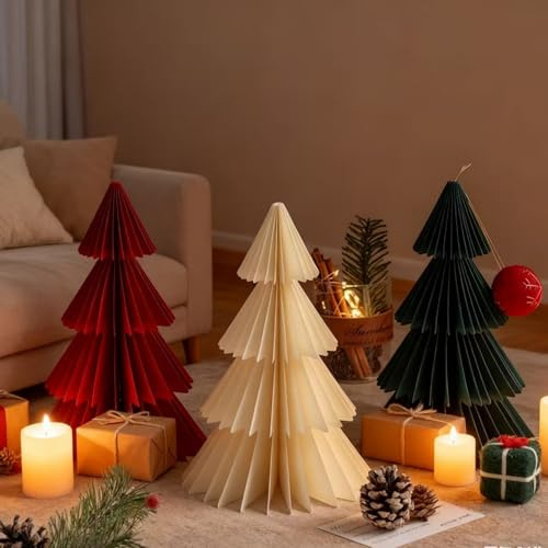 3 Stück Papier Tannenbaum, Papier Weihnachtsbaum Waben Deko, 3D Papiertannenbäume 15–30 cm Weihnachten Dekoration, Tischdeko Weihnachtsdeko Innen für Esstisch Schrank Fensterbank Kaminsims Büro (25cm)