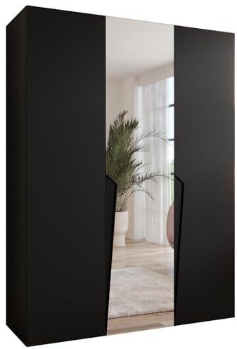 MEBLE KRYSPOL - Kleiderschrank - Garderobenschrank - 150 cm x 202 x 52 cm - Schrank mit Kleiderstange und Spiegel, 3 Türen - für Schlafzimmer, Flur - Piano, Schwarz, Griff Schwarz