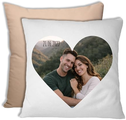 LOOXIS Personalisiertes Kissen mit Foto & Text Herzmotiv, selbst gestalten – 40x40cm, farbige Rückseite, Leinenhaptik – Geschenkidee Männer, Frauen, Jahrestag, Geburtstag, Valentinstag – Cappucchino