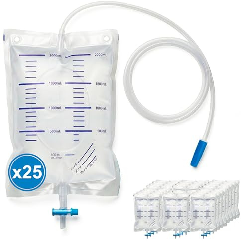 KMINA Bolsas de Orina 2 L Desechables de PVC con Grifo en T (25 uds) | Saco colector de diuresis, válvula antirretorno, escala azul cada 100 ml, tubo translúcido 90 cm, ojales para colgar