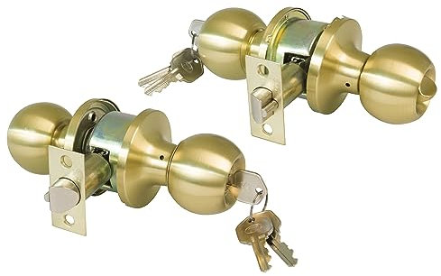 Amig - Pomo Puerta Entrada - Con Picaporte de Entrada 60/70 mm - Pomo de Bola en Ambos Lados - Con Cerradura y Condena - Sistema Antitarjeta - Para Puertas de Madera - Dorado Mate