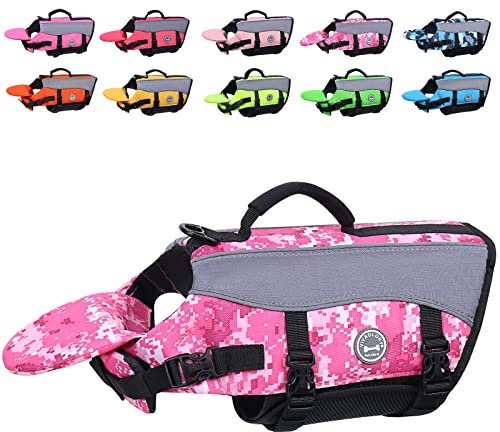 VIVAGLORY Giubbotto di Salvataggio per Cani con Galleggiante Anteriore Rimovibile, Salvagente per Cani con Bordi Riflettenti e Imbottitura Extra per Nuoto e Nautica, Camouflage Rosa, XS