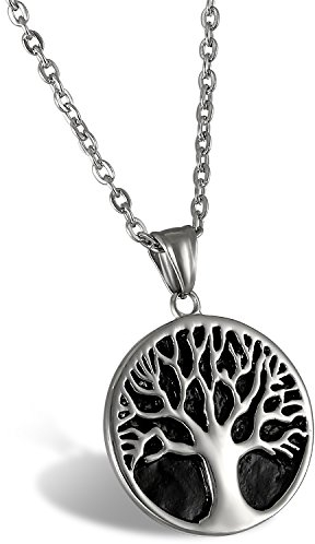 Collana da uomo, in acciaio, con ciondolo, pendente Oidea, vintage, albero della vita, catena da 55 cm, argento nero