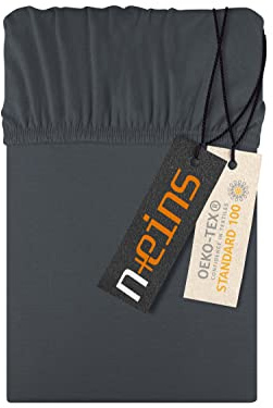 npluseins Jersey Spannbettlaken 100% Baumwolle, 90-100x200 cm, Anthrazit | Öko-Tex Standard 100, hautfreundlich, atmungsaktiv, elastischer Rundumgummi, faltenfreier Sitz, formstabil, strapazierfähig